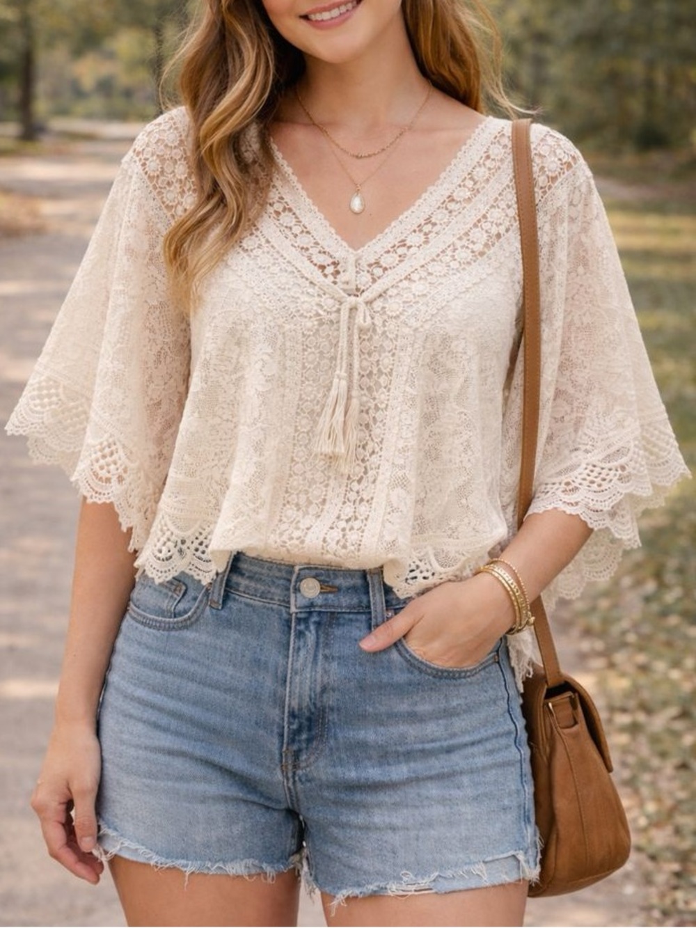 Candie's Cream Lace Tassel V-Neck Tunic Fairy Y2K Sheer Boho Hippie Festival